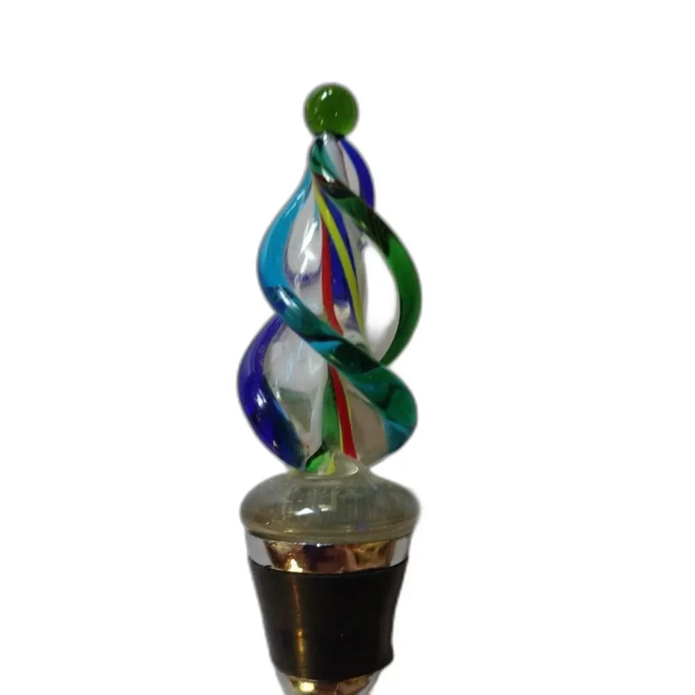 Art Glass Christmas Tree Bottle Stopper Metal Base Multicolor Swirl New Year